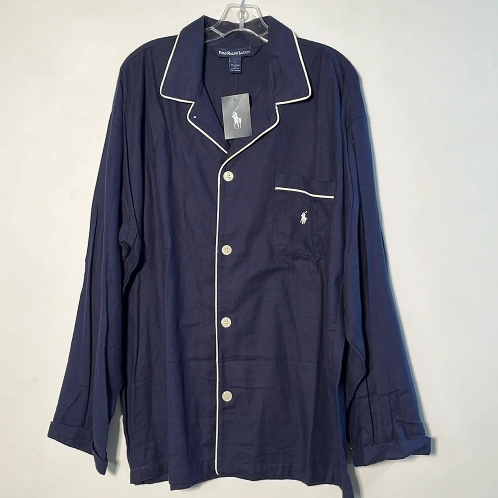 RALPH LAUREN NWT Men's Long SLV 1 Pocket Navy/White Trim Cotton Pajama Top SZ L - Picture 1 of 16
